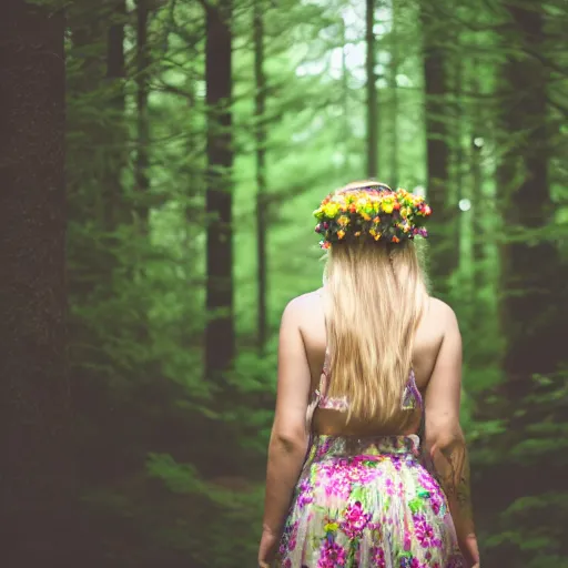 Prompt: kodak portra 4 0 0 photograph of a beautiful blonde young woman standing in a dark forest, back view, flower crown, moody lighting, telephoto, 9 0 s vibe, blurry background, vaporwave colors, faded!