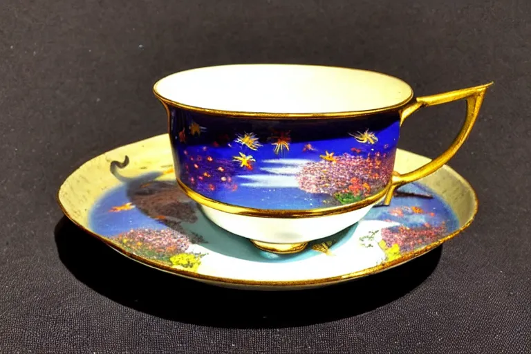 Image similar to vintage enameled cup of tea filled with starry cosmos By Salvador Dali