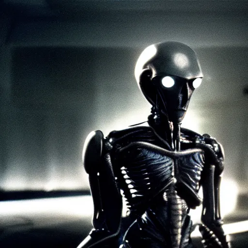 Image similar to movie still of a alien cyborg, cinematic composition, cinematic light, tungsten lighting criterion collection, by edgar wright and david lynch,