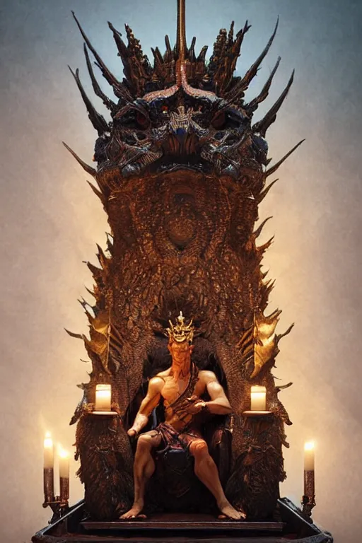 Image similar to a humanoid dragon king sits on a throne by greg rutkowski, magic realism, hyper realistic, 2 0 0 mm lens, candlelight