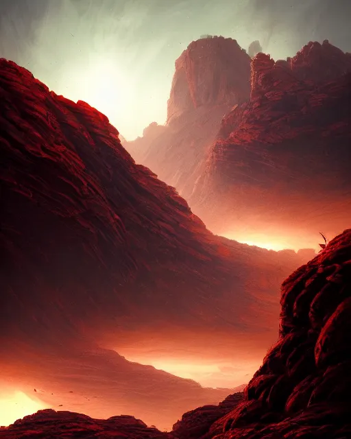 Image similar to double sunrising in the valley of fire, terrifying, environment art, fantasy art, landscape art, in the style of greg rutkowski, illustration, epic, fantasy, intricate, hyper detailed, artstation, concept art, smooth, sharp focus, ray tracing