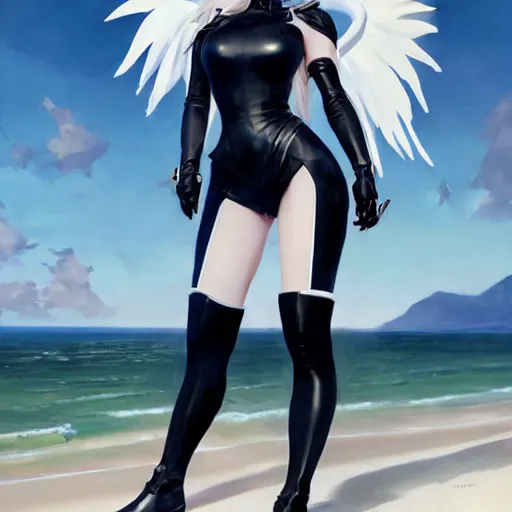 Prompt: greg manchess painting of a 2 yorha type a no. 2 as mercy from overwatch wearing skintight leather jacket in a beach, white long hair, large white wings, painting, trending on artstation, by huang guangjian and gil elvgren and sachin teng