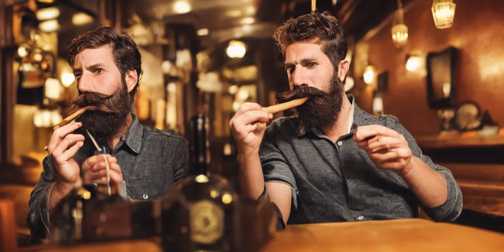 Prompt: a boy with a beard and mustache smoking a cigar in a bar