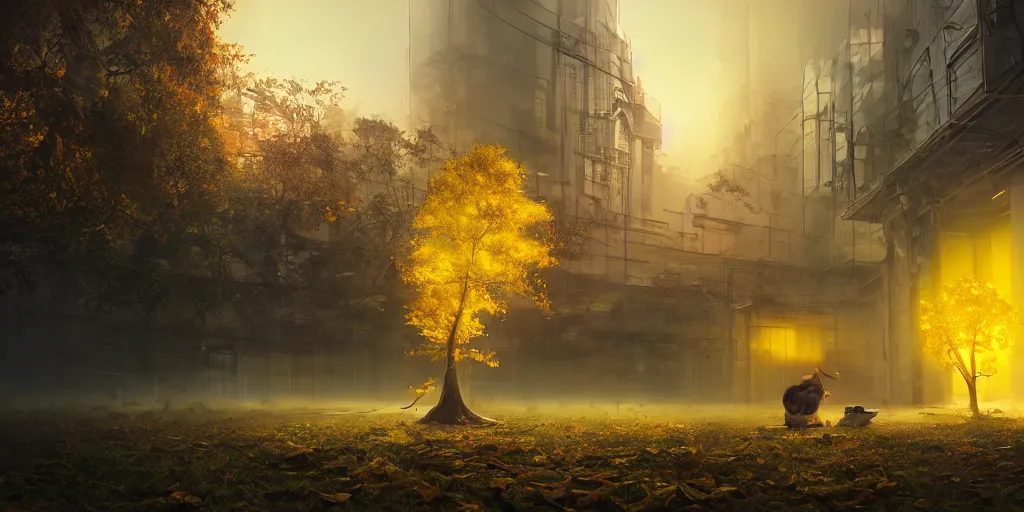 Prompt: A yellow baby rabbit is painting, cyberpunk temple, sunset with falling leaves, Tyndall rays, low angle, light through the mist, dramatic lighting, photorealistic, cinematic lighting, high detail, cinematic feel, high octane, 4K, Unreal Engine, digital render, intricate, ultra realistic, concept art