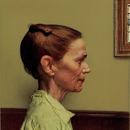 Image similar to Portrait of a woman without pupils, by Norman Rockwell