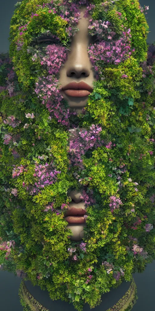 Image similar to an aerial view beautiful garden forming the face of a beautiful goddess, hyperrealism, 8 k, octane render, dramatic lighting, trending on artstation