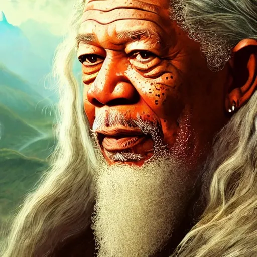 Prompt: morgan freeman starring as gandalf in lord of the rings, matte painting, vibrant, colorful, 4 k, artstation, cgsociety