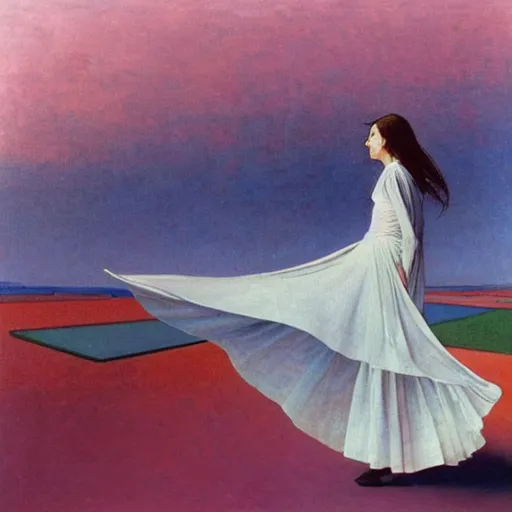 Prompt: a woman with a white dress in a white city, clear blue sky, pink floyd album cover, 1 9 7 0's, by beksinski, bruegel, greg rutkowski, alphonse mucha, and yoshitaka amano, colorful flat surreal design, hd, 8 k, artstation