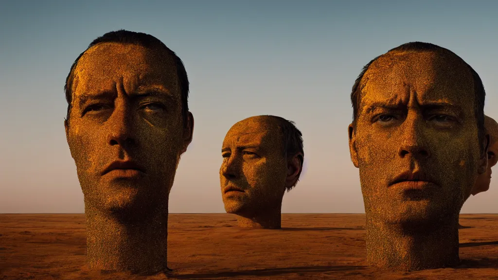 Image similar to the giant head at the office that, made of oil and water, film still from the movie directed by Denis Villeneuve with art direction by Salvador Dalí, golden hour