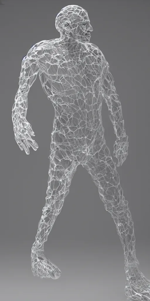 Image similar to man made from mostly transparent liquid, transparent face, dynamic in motion action shot, full body, 4k post production processing, unreal engine 5, genius concept, cinematic, weta digital, zbrush