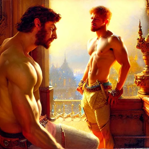 Prompt: attractive muscular mike with ginger hair with attractive tyler with brunet hair, drinking their hearts out, in their noble mansion. image defined to the maximum and highly detailed painting by gaston bussiere, craig mullins 8 k