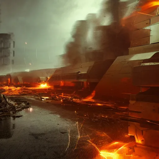 Image similar to semi futuristic trench warfare, war, explosions, heavy machine gun fire, flame and fire, unreal engine, octane render, cinematic, epic, rainy stormy night, chaotic, 8k, ultra detailed, Artstation, Trending on Artstation, Artstation HQ, Artstation HD, deviant art, Pinterest, digital art, reflections,