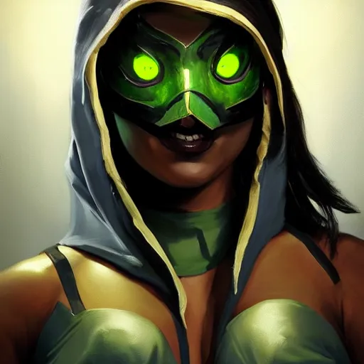 Image similar to greg manchess portrait painting of jade from mortal kombat a dark elf with glowing eyes wearing a mask covering her mouth as overwatch character, medium shot, asymmetrical, profile picture, organic painting, sunny day, matte painting, bold shapes, hard edges, street art, trending on artstation, by huang guangjian and gil elvgren and sachin teng