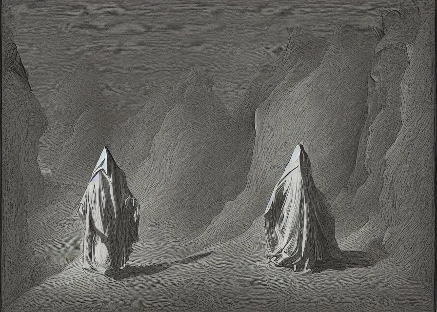 Prompt: a hooded figure in a black robe standing in a flower meadow while bright light beam is emmited from the sky onto him, flower meadow landsape in dark pits of a canyon, illustration by Gustave Dore, highly detailed 18th century black and white pencil drawing