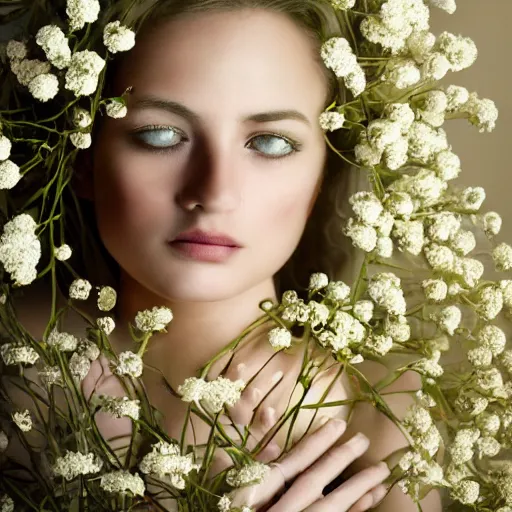 Prompt: photorealistic digital portrait of cute girl model, hair of flowers, in a gold bathtub full of flowers, natural lighting, 5 0 mm still image, artistic, award winning, elegant, by annie leibovitz,