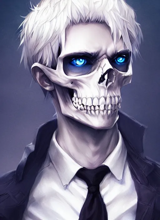 Image similar to highly detailed portrait art of a skull face boy, white hair, black and blue eyes, white shirt, ross tran, krenz cushart,, vd, intricate, digital anime art, sharp focus