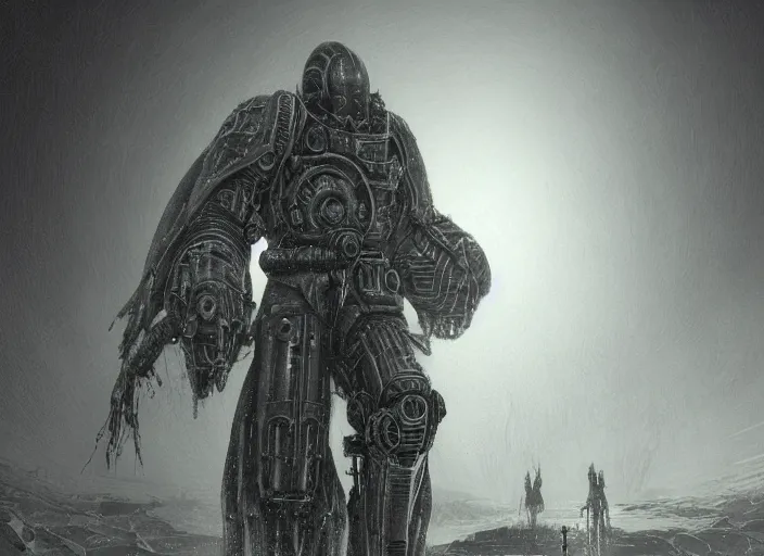 Prompt: an epic potrait of knowledge seeking cloaked tech priest, Adeptus Mechanicus, cybernetic enhancements, praise the omnissaiah, Zdzislaw Beksinski, Lewis Jones, mattias adolfsson, Piranesi, Warhammer 40K!!, cold hue's on subject, warm tone gradient background, concept art