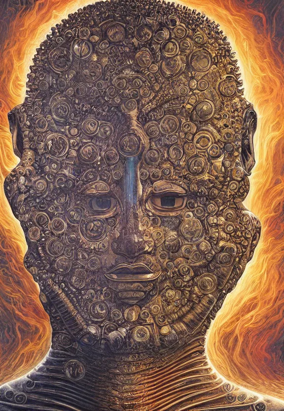 Image similar to perfectly centered portrait, front view of a beautiful biomechanical alien android robot buddha, female, fractal hair, intense stare, sarcastic smile, symmetrical, concept art, intricate detail, volumetric shadows and lighting, realistic oil painting by alex grey and gustave dore,