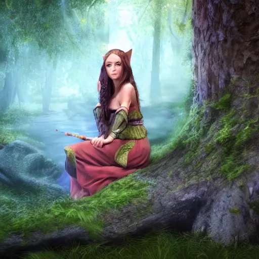 Prompt: a beautiful female half - elf druid playing the flute in a dreamy forest, 4 k, concept art