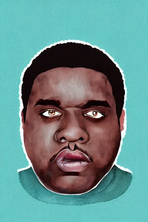 Image similar to minimalist watercolor biggie smalls face on white background, illustration, vector art