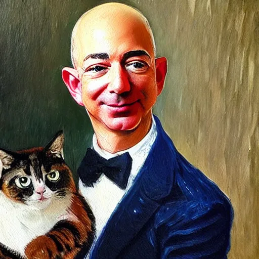 Image similar to a beautiful oil painting of jeff bezos holding a cat, 8k , award winning , made in 1800's , old , painted by vincent van gogh