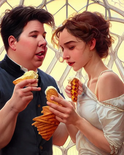 Prompt: Portrait of a  Anya Amasova and Michael mcintyre eating ice creams in Porto,real life skin, intricate, elegant, highly detailed, artstation, concept art, smooth, sharp focus, art by artgerm and greg rutkowski and alphonse mucha