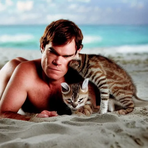 Image similar to dexter morgan snuggling a kitten on the beach in miami high resolution award winning photo