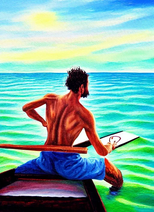 Image similar to self portrait of a painter painting himself on a raft in the ocean