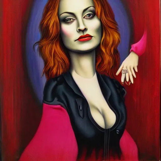 Image similar to portrait of madchen amick, style of mark ryden, painting, oil on canvas