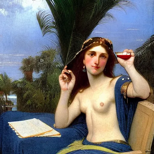 Image similar to Girl with a blood dripping chalice at the palace, thunderstorm, pool, beach and palm trees on the background major arcana sky, by paul delaroche, alphonse mucha and arnold böcklin arnold böcklin hyperrealistic 8k, very detailed