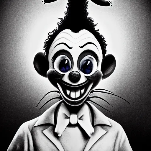 Image similar to A extremely highly detailed majestic hi-res beautiful, highly detailed head and shoulders portrait of a scary terrifying, horrifying, still of a creepy black cartoon clown rabbit in eraserhead with scary big eyes, earing a shirt laughing, hey buddy, let's be friends, in the style of Walt Disney animation