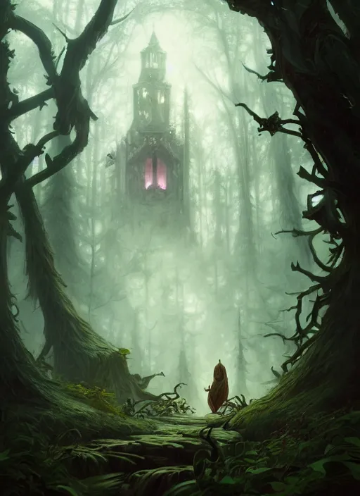 Image similar to a haunted forest, deep focus, d & d, fantasy, intricate, elegant, highly detailed, digital painting, artstation, concept art, matte, sharp focus, illustration, hearthstone, art by artgerm and greg rutkowski and alphonse mucha