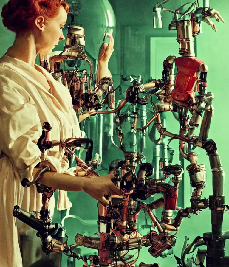 Prompt: a female mad scientist woman building a humanoid robot - man, in a darkly lit laboratory room, 1 9 5 0 s horror movie poster style, ( norman rockwell oil painting ), tight shot, close - up shot, retro science fiction, vintage, saturated pink and green lighting, shadowy lighting, cohesive