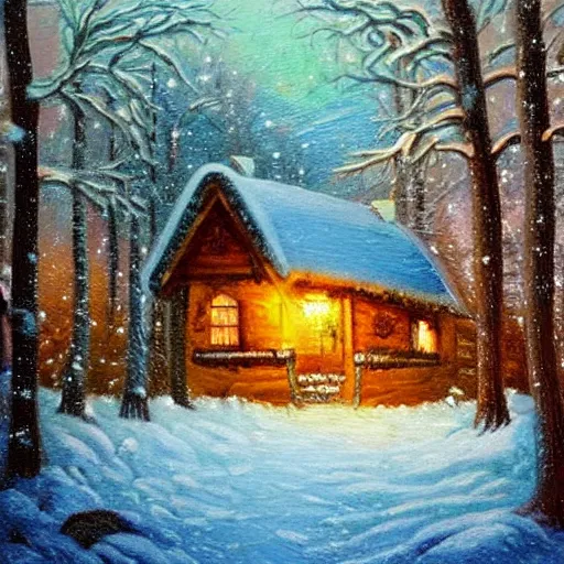 Prompt: snowy forest night scene magical cottage surrounded by the woods with one illuminated window, oil painting