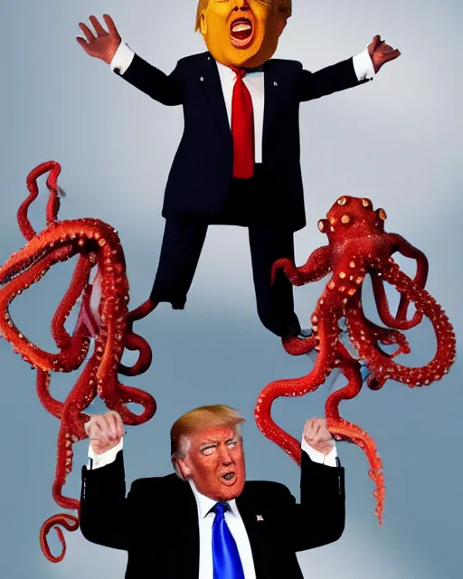 Image similar to Donald Trump with Octopus Tentacles for hands, the tentacles are wet, glistening, and very realistic