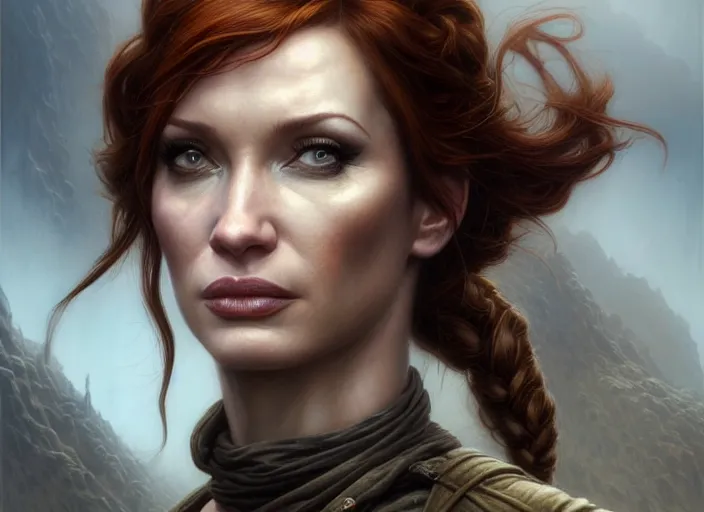 Image similar to portrait shot of christina hendricks as lara croft, intricate, elegant, highly detailed, centered, digital painting, artstation, concept art, smooth, sharp focus, illustration, artgerm, tomasz alen kopera, peter mohrbacher, donato giancola, joseph christian leyendecker, wlop, boris vallejo