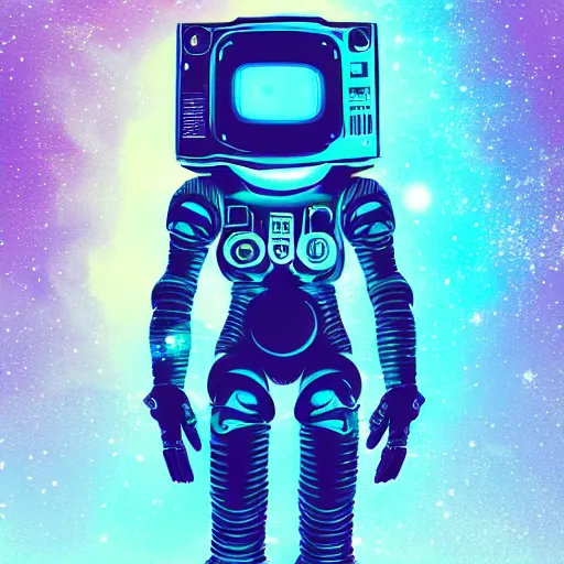 Prompt: cyberpunk astronaut bot, cinema 4 d, galaxy space sci - fi, wearing vr goggles, illustration, portrait, pastel neon textured background night, detailed,