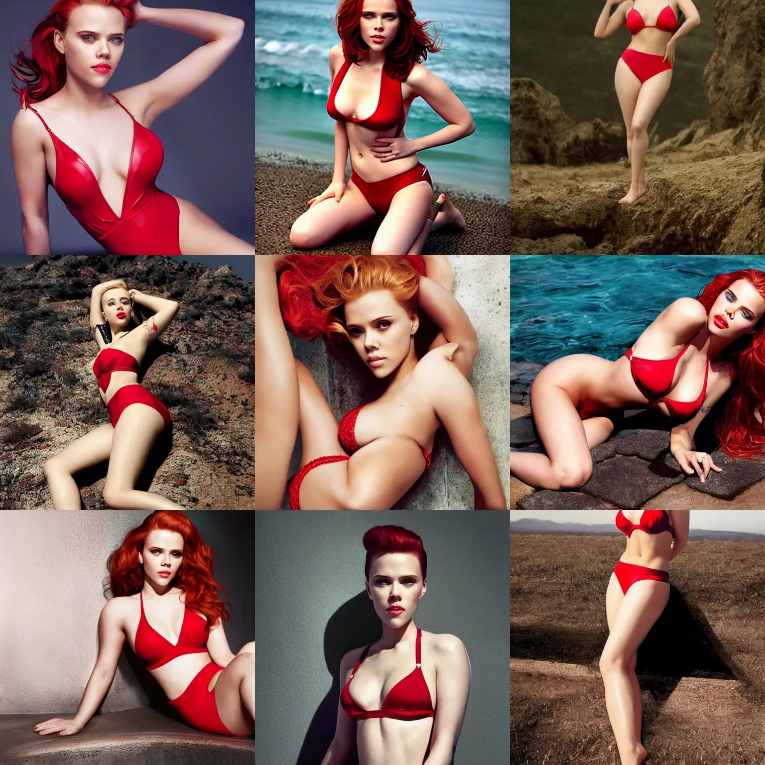 Prompt: scarlett johannsson modeling red bikini, kneeling position, professional photoshoot, highly detailed