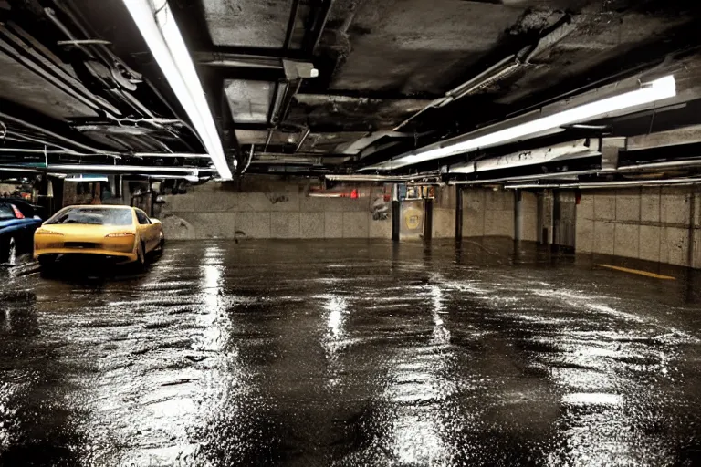 Image similar to views of underground car garage, new york downtown covered with rain, dark lighting, photo real