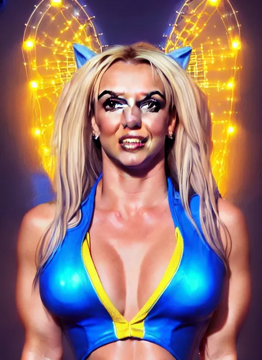 Prompt: britney spears in blue and yellow cat costume, intricate, elegant, glowing lights, highly detailed, digital painting, artstation, glamor pose, concept art, smooth, sharp focus, illustration, art by artgerm and greg rutkowski, artey freytag