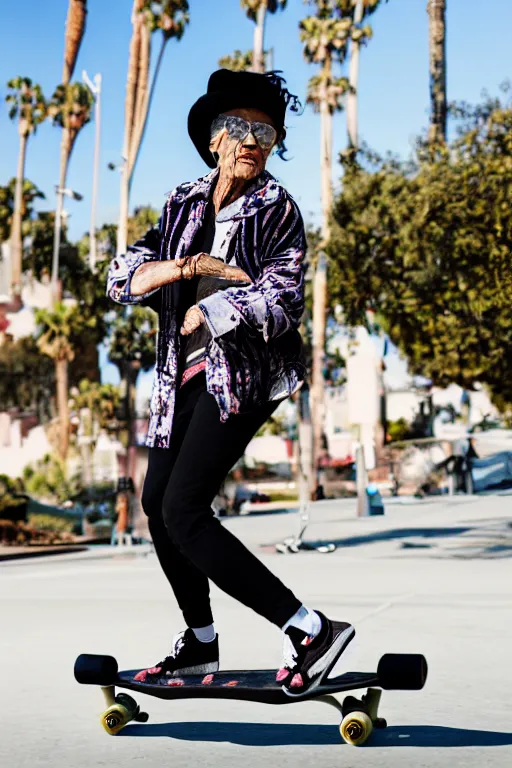 Prompt: a portrait of a fashionable gran on a skateboard in los angeles