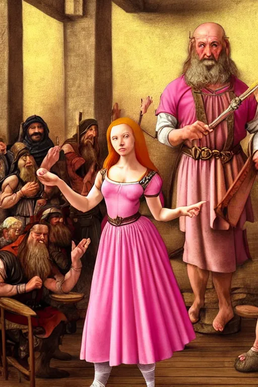 Prompt: male dwarfish cleric wearing a pink ballerina dress, holding a holy symbol, he is preaching. the background is a friendly tavern. The mood is friendly and welcoming. dungeons and dragons, highly detailed, digital painting, artstation, concept art, sharp focus, illustration, art by Leonardo da Vinci and Michelangelo and Botticelli