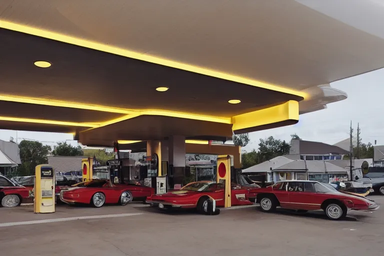 Prompt: a beautiful luxurious gas station, retro and 1 9 8 0 s style, beautiful architecture