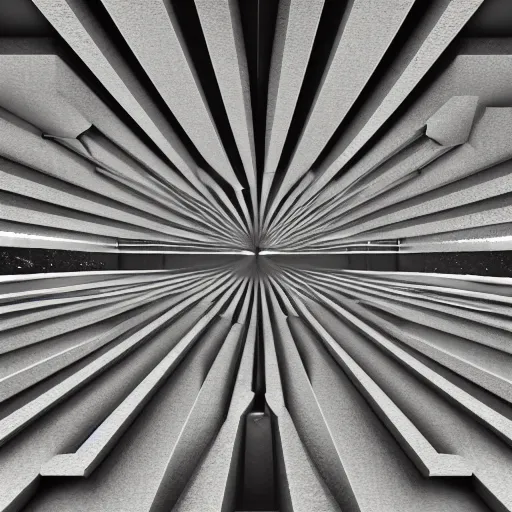 Image similar to symmetry, parallel perspective with center end point, parallax mapping of brutalist shop, by maurits cornelis escher, octane render, high quality