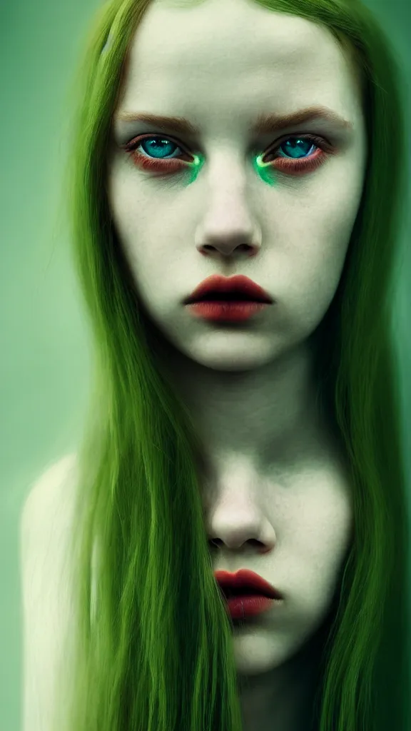Image similar to a portrait photograph of a female angel by Alessio Albi, beautiful full face, symmetrical face, artstation, deviantart, hyperrealism, green eyes, long red hair,a small nose