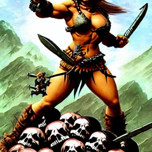 Image similar to female barbarian on a pile of skulls, surrounded by slain orcs, in style of frank frazetta