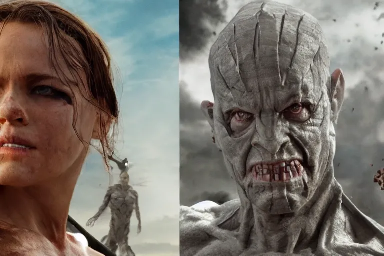 Image similar to VFX movie portrait DC vs. Marvel horde natural skin, war zone by Emmanuel Lubezki