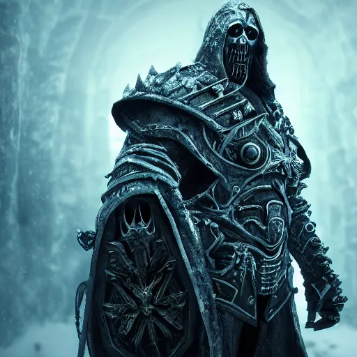 Image similar to The lich king, Artstation HQ, photorealistic, hiperrealistic, sharp focus, 4k UHD, Unreal Engine 5, cinematic shot, cinematic lightning, dark tones, high contrast, intricate, masterpiece