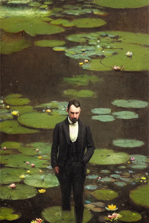 Image similar to detailed cinematic moody colors studio portrait of a victorian gentleman in a victorian pond, water lilies, high quality by jeremy mann, only one head single portrait