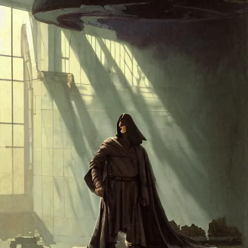 Image similar to half portait of jedi wearing a closed cowl and big old book! chained to the wrist, jeremy mann, jean - leon gerome, tiepolo, alphonse mucha, greg rutkowski, face in the shadows, ( ( ruins of ancient rome ) ), at dusk, mysterious atmosphere, sunrays, dof, high detailed, 8 k